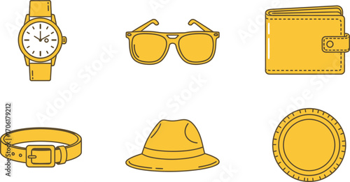 Yellow Outfit Flat Lay Analog Watch, Wallet, Belt, Sunglasses, Fedora Hat, Coin