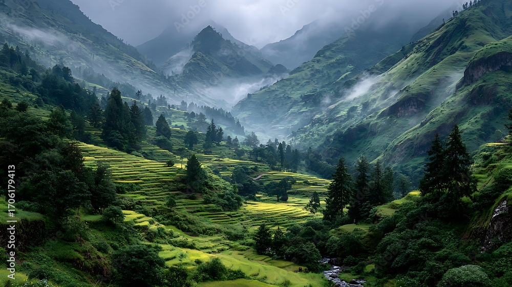Obraz premium Scenic valley landscape with rice fields high resolution picture