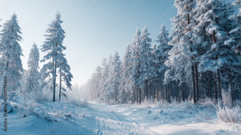 Obraz premium A snowy pathway extends into a peaceful forest, lined with tall, frost-covered trees. The sunlight bathes the scene in a soft glow, enhancing the winter serenity.