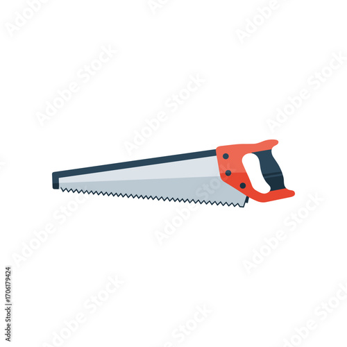 A close-up view of a hand saw with a red handle, placed on a white background, ideal for DIY projects