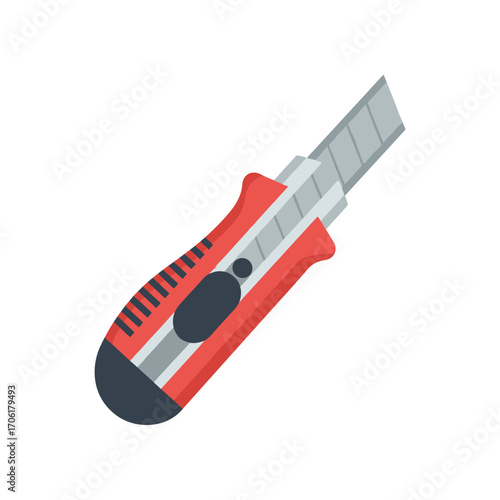 A close-up view of a red and gray utility knife on a white background, ideal for DIY projects