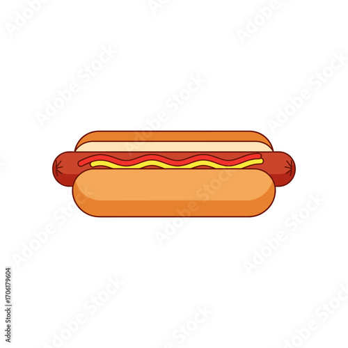 A colorful hot dog with mustard and ketchup, set against a plain white background, perfect for food-related content