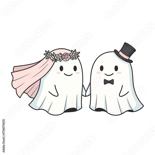 Cute ghost bride and groom wedding couple. Kawaii Halloween character illustration