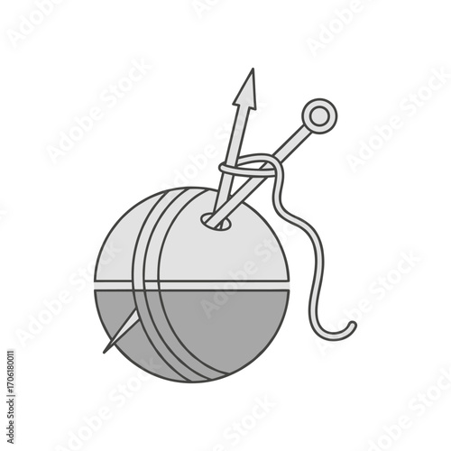 A gray and white sewing ball with needles and thread, symbolizing crafting and creativity