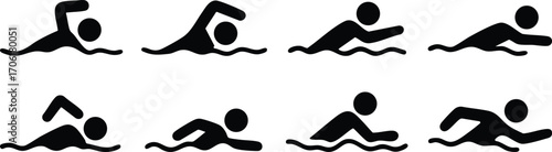 Stickman silhouette swimming sequence showing freestyle crawl and different aquatic movement poses for water sports illustration