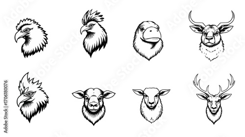 Collection of stylized animal head silhouettes in a graphic design format.