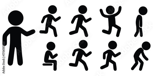 Stickman silhouettes performing mixed activities including running jumping walking sitting and movement sequence illustration set