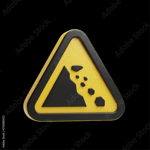 Warning sign indicating a falling rocks hazard, safety symbol on a black background