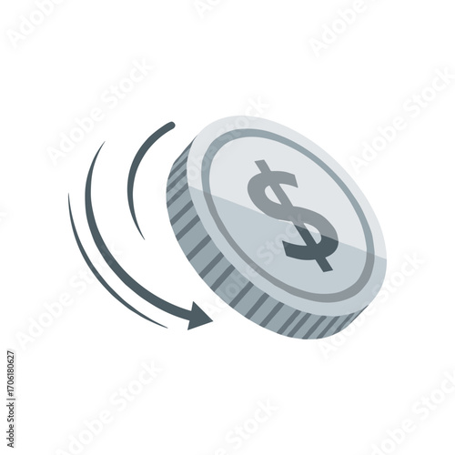 A stylized illustration of a dollar coin spinning, symbolizing financial transactions and investment