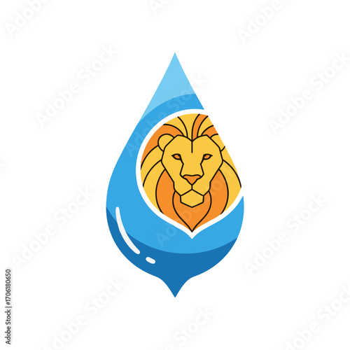 A stylized water droplet featuring a lion's face, symbolizing strength and nature