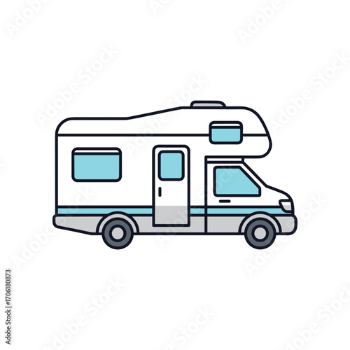 A vibrant camper van parked on a scenic road, showcasing travel and adventure in nature