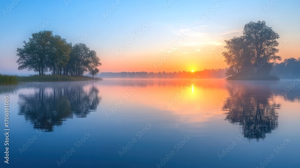Fototapeta premium Serene sunrise over tranquil lake