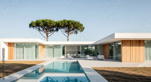 Modern luxury residence with pool and pine trees serene outdoor living