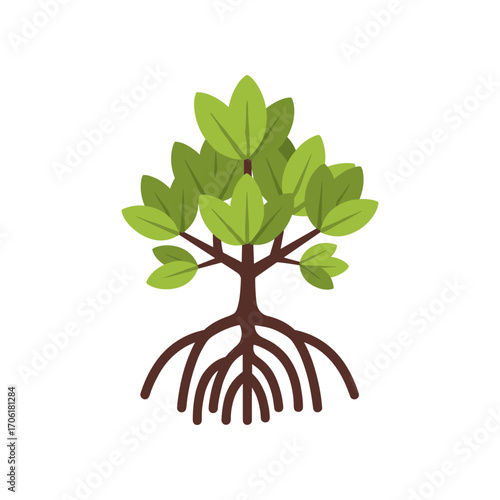 A vibrant illustration of a mangrove tree with lush green leaves and intricate roots, symbolizing coastal ecosystems