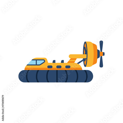 A vibrant yellow hovercraft gliding smoothly over calm waters with a serene landscape in the background