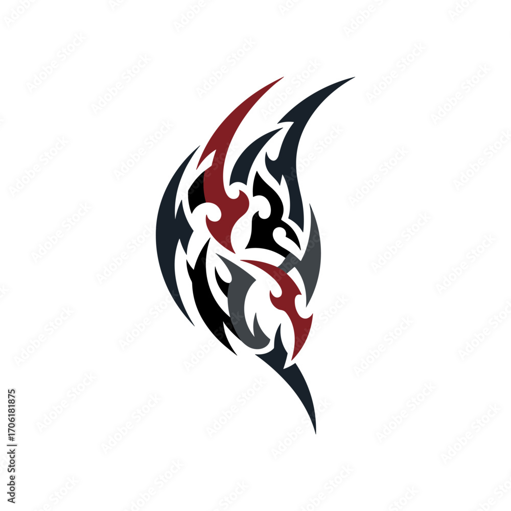 Obraz premium Abstract tribal design featuring interwoven shapes in black, red, and gray colors