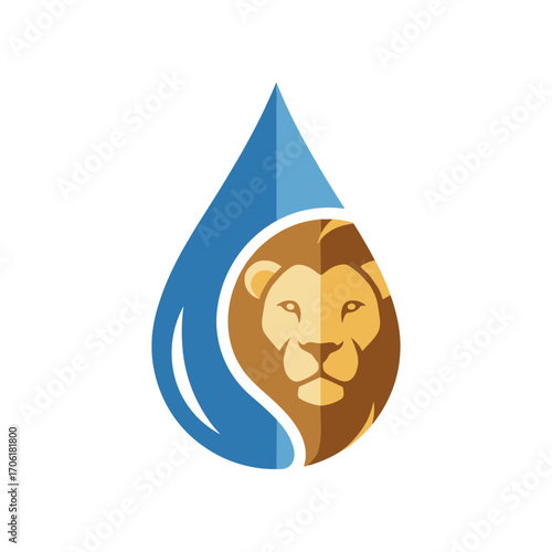 Abstract logo featuring a lion's face within a water droplet, symbolizing strength and purity
