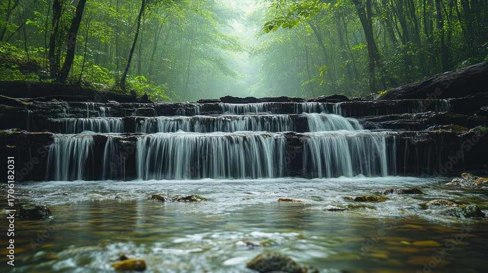 Fototapeta premium Serene waterfall cascading through misty forest