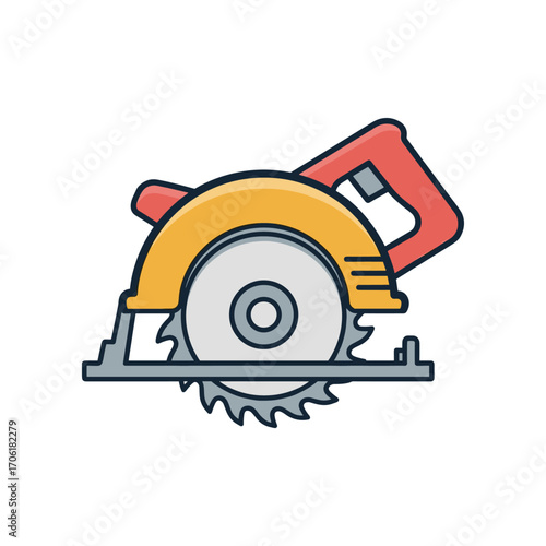 Circular saw with a red handle on a white background, showcasing its design for construction use