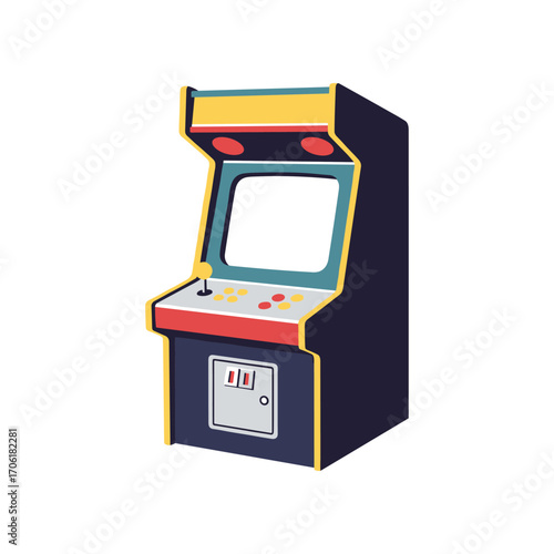 Classic arcade game machine with vibrant colors, empty screen, and playful design, ideal for retro gaming themes