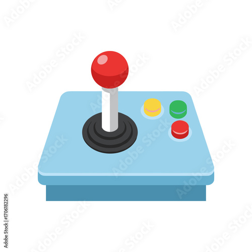 Classic arcade joystick with colorful buttons on a light blue base, set against a minimal background