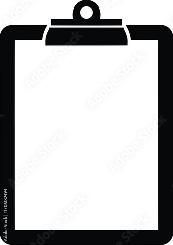 A simple black and white illustration of a clipboard with a blank white sheet of paper.