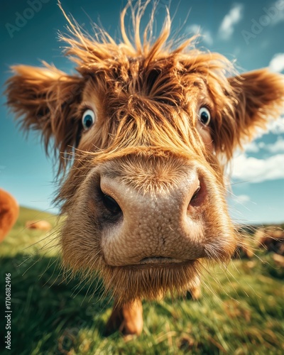 Primerísimo plano de un Highland con una expresión sorprendida.