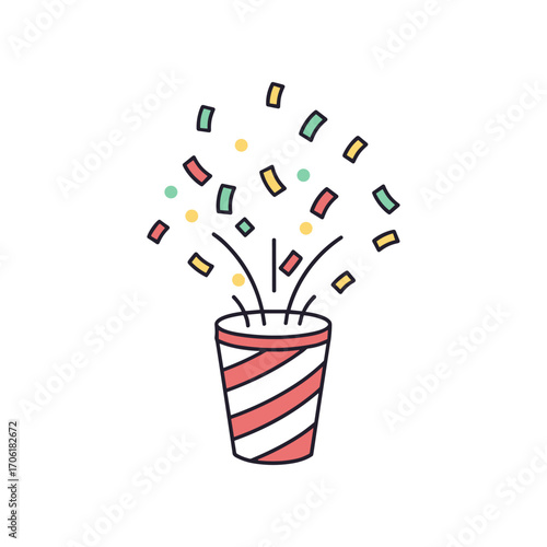 Colorful confetti bursting from a striped party cup, celebrating a festive occasion