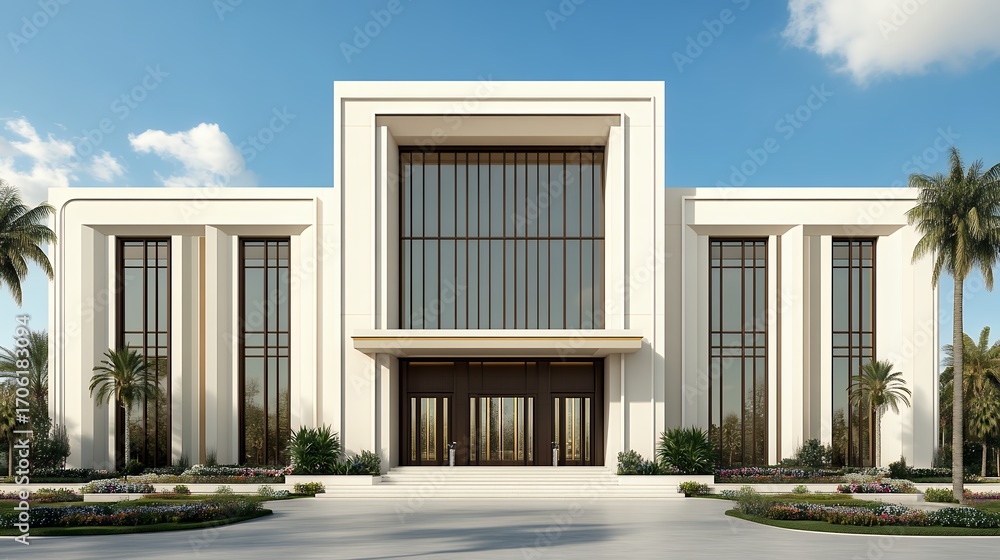 Fototapeta premium Modern White Architectural Marvel with Symmetrical Facade Under a Clear Blue Sky