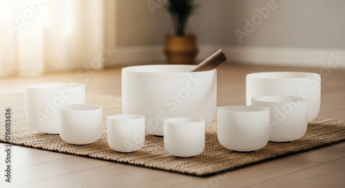 Collection of frosted crystal singing bowls and a mallet arranged on a natural fiber rug, creating a serene and meditative atmosphere