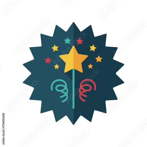 Colorful star with confetti and swirls, celebrating a festive occasion in a vibrant setting