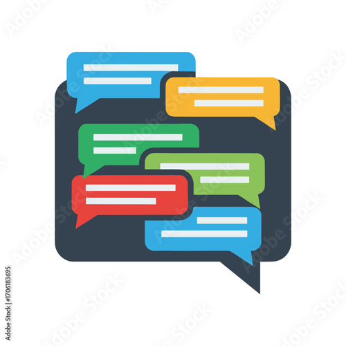 Colorful speech bubbles representing conversation and communication on a dark background