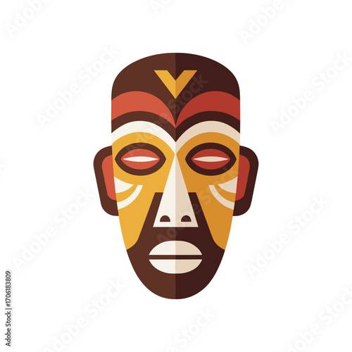 Colorful tribal mask illustration featuring distinct facial patterns and vibrant colors