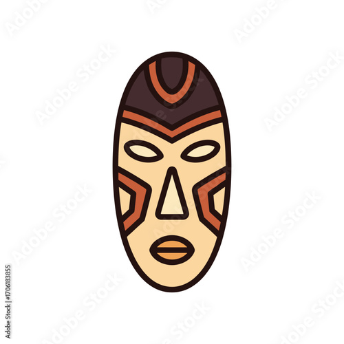 Colorful tribal mask with intricate designs, set against a plain background, showcasing cultural art