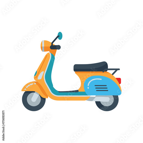 Colorful vintage scooter parked on a sunny street, surrounded by trees and urban scenery