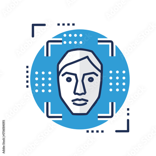 Digital illustration of a face recognition system analyzing a human profile with abstract elements