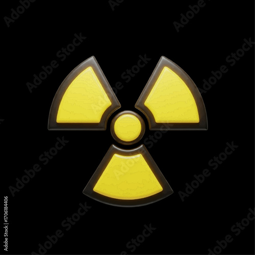 Radioactive symbol in bright yellow and black, representing nuclear energy and danger, isolated on a dark background