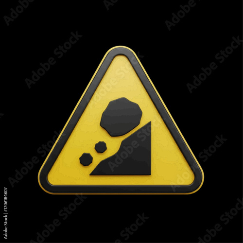 Realistic 3D rendering of a yellow triangular warning sign for falling rocks, symbolizing landslide danger, road hazard, and safety precautions