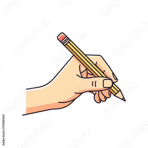 Hand holding a pencil, sketching on a blank page, with a creative workspace in the background