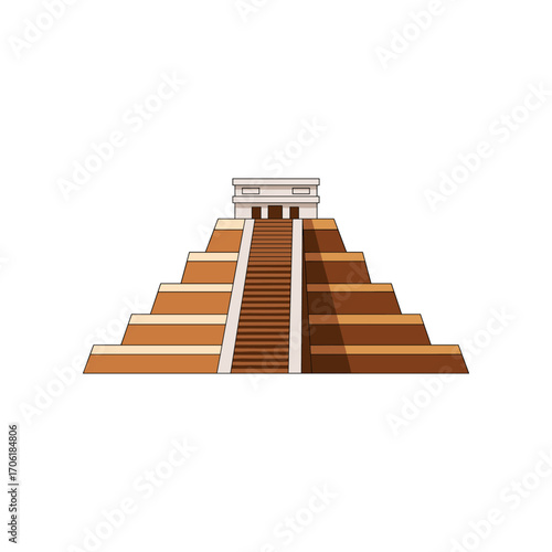 Illustration of a stepped pyramid with stairs leading to a temple atop, set against a plain background