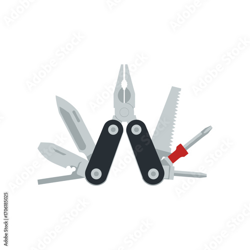 Multi-tool with various implements including pliers, knife, saw, and screwdriver on a white background
