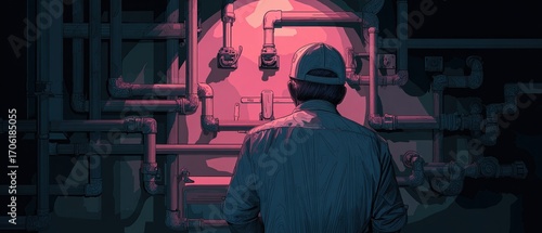 Technician Examining Industrial Pipes in Neon Light Setting