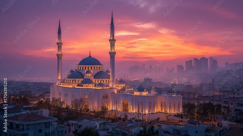 Naklejka premium Panoramic view of a mosque at dawn with soft morning light