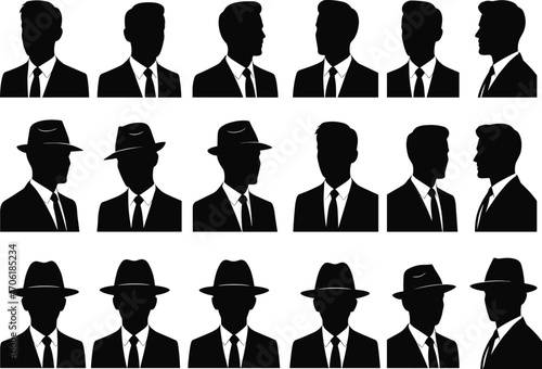 Male silhouettes in suits and hats, a vector collection of anonymous user avatars, business man profile icons from different angles