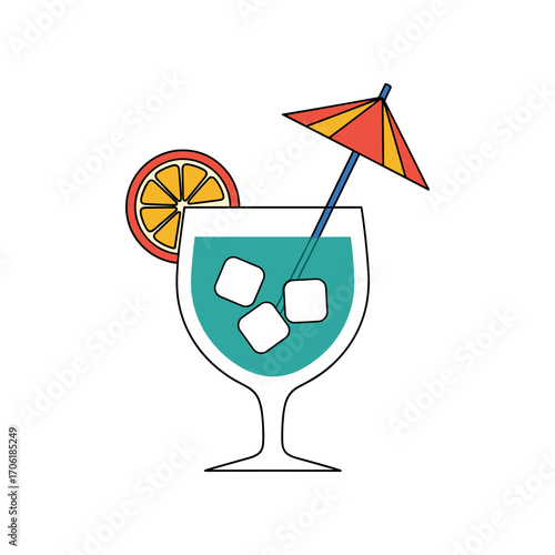 Refreshing tropical cocktail with ice, garnished with a slice of orange and an umbrella