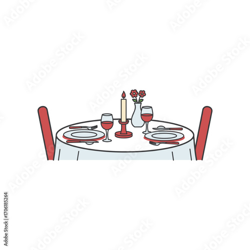 Romantic dinner setting with a candlelit table, wine glasses, and floral centerpiece
