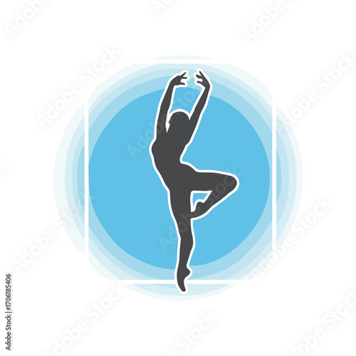 Silhouette of a dancer in an elegant pose against a soft blue circular background, conveying grace