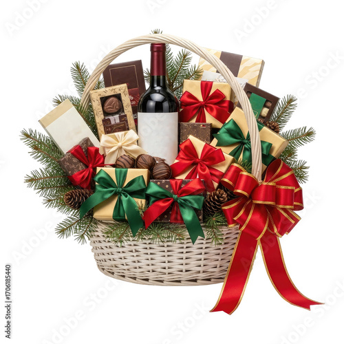 The Spirit of Giving with a Luxury Christmas Hamper, Cut Out, Clipping Path, Isolated on a Transparent PNG Background.