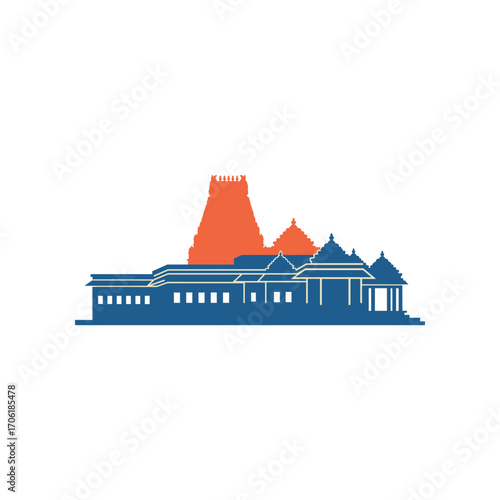 Silhouette of an ancient temple complex with intricate architecture against a plain background