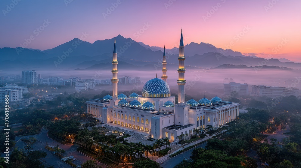Naklejka premium Panoramic view of a mosque at dawn with soft morning light